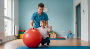 İstanbul'da evde pediatrik fizyoterapi, çocuk terapı topu ile egzersiz yapıyor