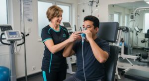 İstanbul'da evde pulmoner rehabilitasyon, KOAH hastası solunum egzersizi yapıyor